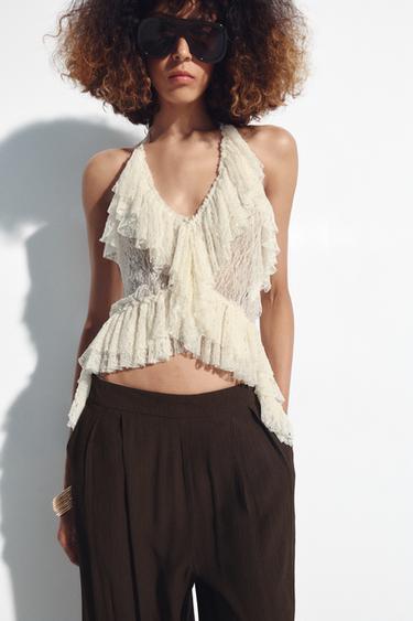 Zara RUFFLED LACE TOP - Ecru