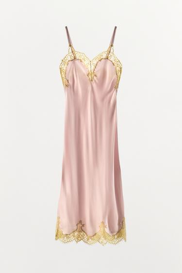 VESTIDO MIDI SATINADO ENCAJE - Rosa de Zara
