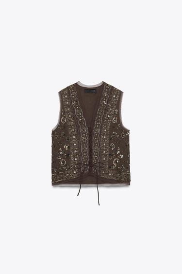 ZW COLLECTION BEADED EMBROIDERED WAISTCOAT - Chocolate brown by Zara - Image 2