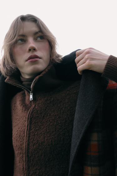 Zara 100% BOUCLÉ WOOL BOMBER JACKET - Chocolate