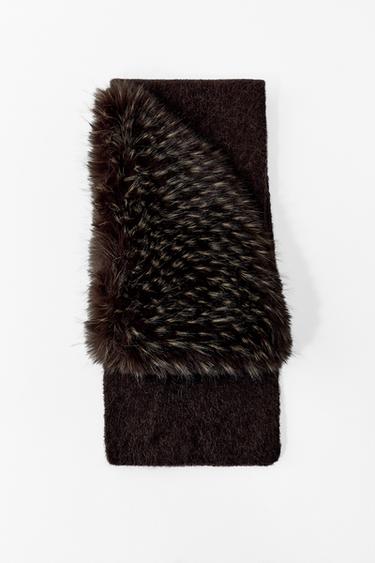 Zara FAUX FUR EFFECT KNIT SCARF - Brown
