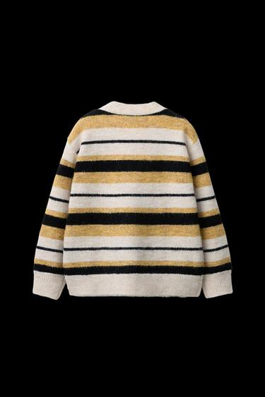 Zara STRIPED KNIT CARDIGAN - Sand / Black