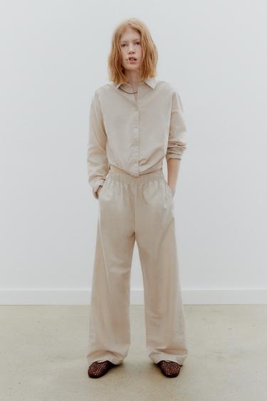 Zara WIDE LEG LINEN BLEND PANTS - Sand