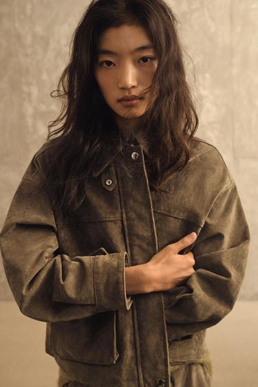 Zara 100% 真皮飛行員外套 - 卡其色