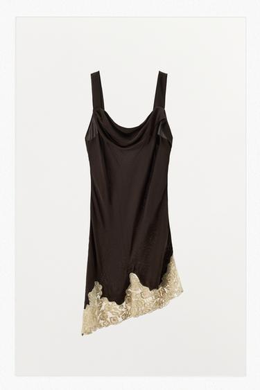Zara 100% VISCOSE EMBROIDERED LACE DRESS - Dark brown
