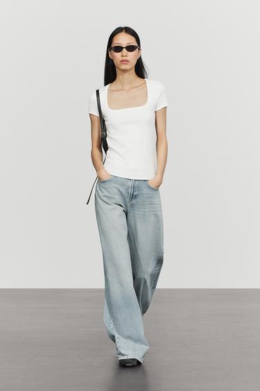 T-shirt à manches courtes et col carré - Blanc de Zara - Image 0