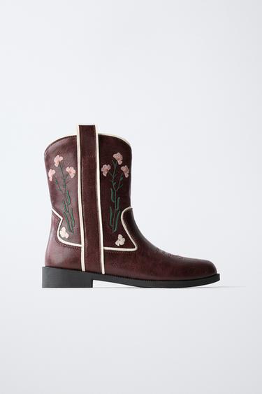 Zara EMBROIDERED ANKLE BOOTS - Maroon - Image 0
