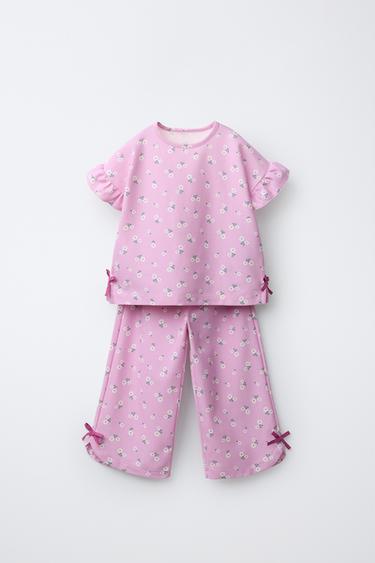 Zara 花卉和蝴蝶結印花T恤和長褲套裝 - 水洗粉紅色 - 圖片 0