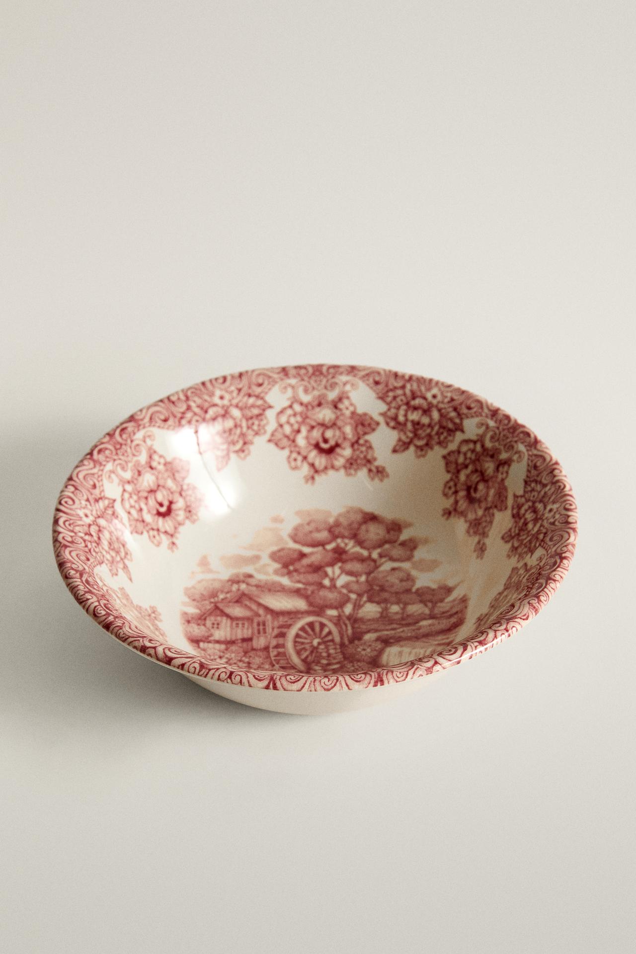 FLORAL LANDSCAPE EARTHENWARE BOWL — Burgundy