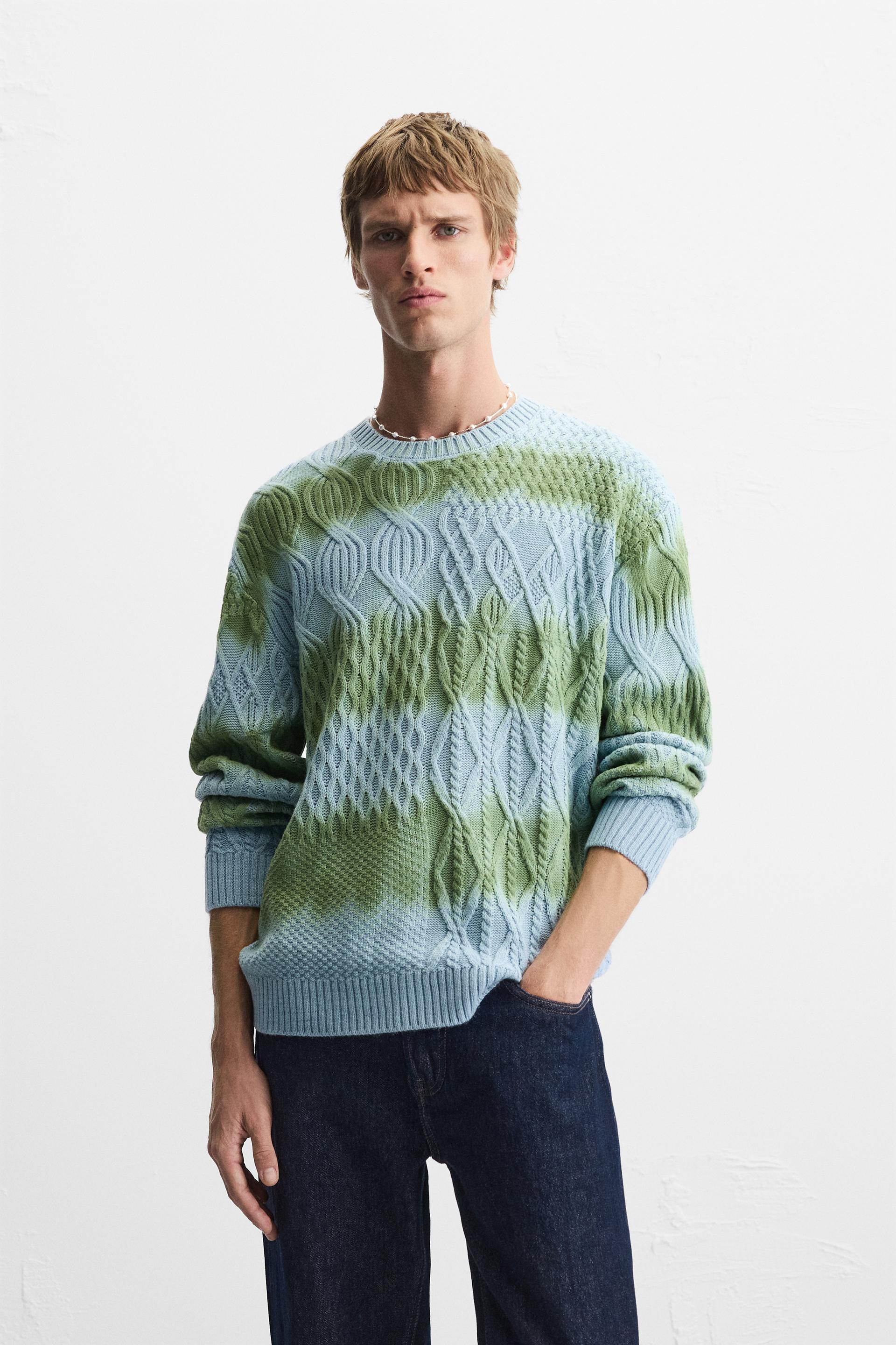 CABLE KNIT SPRAY PRINT SWEATER Blue ZARA Mexico