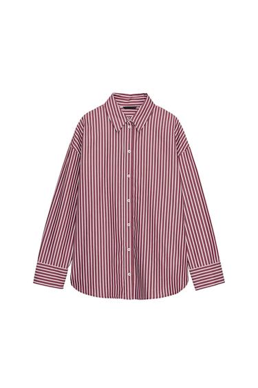Front view of a burgundy striped shirt, shirt collar, long sleeves, front button fastening and hem with side slits.