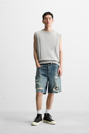 Zara RIPPED DENIM SHORTS - Blue / Green - Image 0