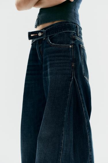 Zara MID-RISE PLEATED BELTED TRF JEANS - Navy blue