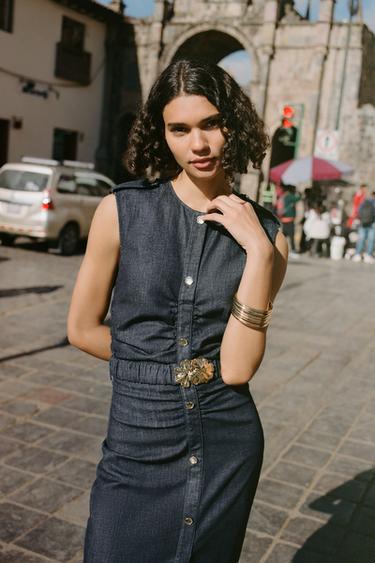 VESTIDO Z1975 MIDI DENIM DRAPEADO CINTURÓN - Índigo de Zara