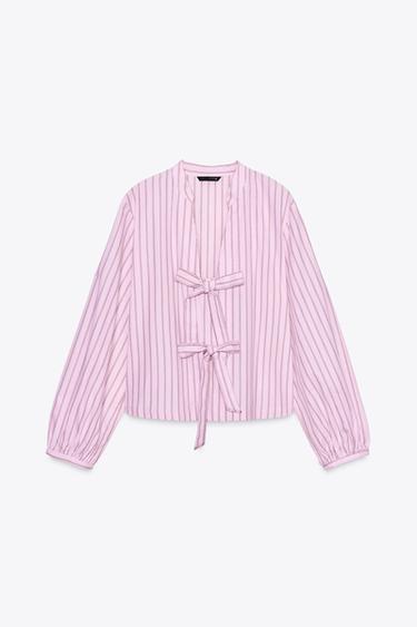 Zara STRIPED POPLIN SHIRT WITH TIES - Pink / White
