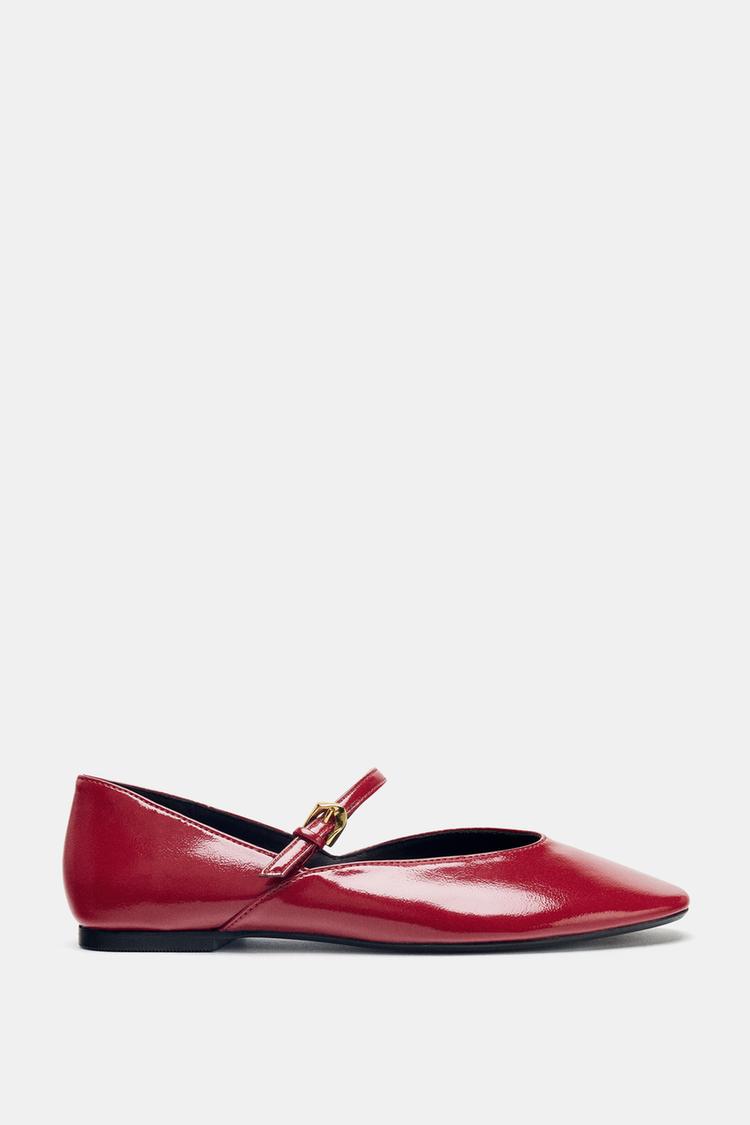 PATENT-EFFECT STRAPPY BALLET FLATS Red ZARA India