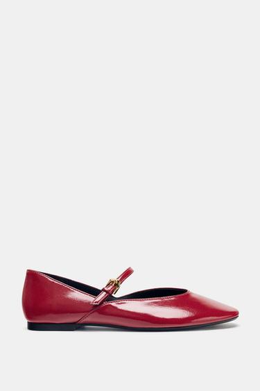 PATENT-EFFECT STRAPPY BALLET FLATS - Red by Zara