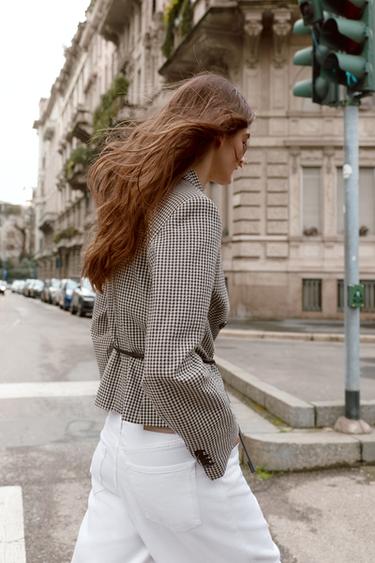 GINGHAM CHECK CROPPED BLAZER WITH BELT - Ecru / Black by Zara - Image 3