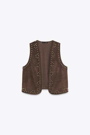 STUDDED FAUX SUEDE WAISTCOAT - Chocolate by Zara