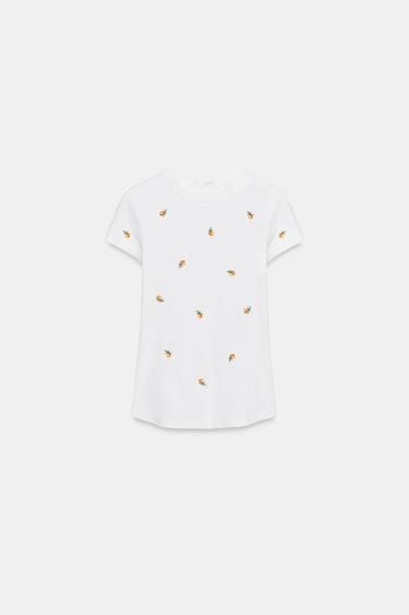 MAGLIETTA A COSTINE MANICHE CORTE RICAMI - Bianco di Zara