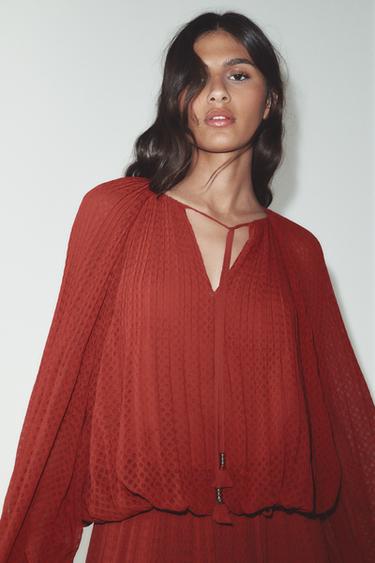 TASSEL PLEATED BLOUSE - Brick by Zara