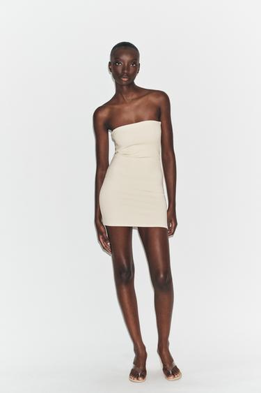 Zara Rastezljiva mini haljina s otvorenim ramenima – Ekru