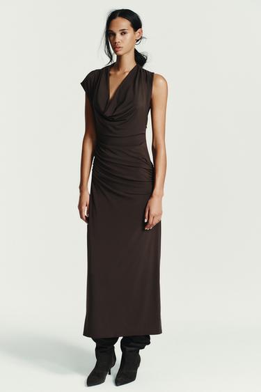 Zara RUCHED MIDI DRESS - Chocolate
