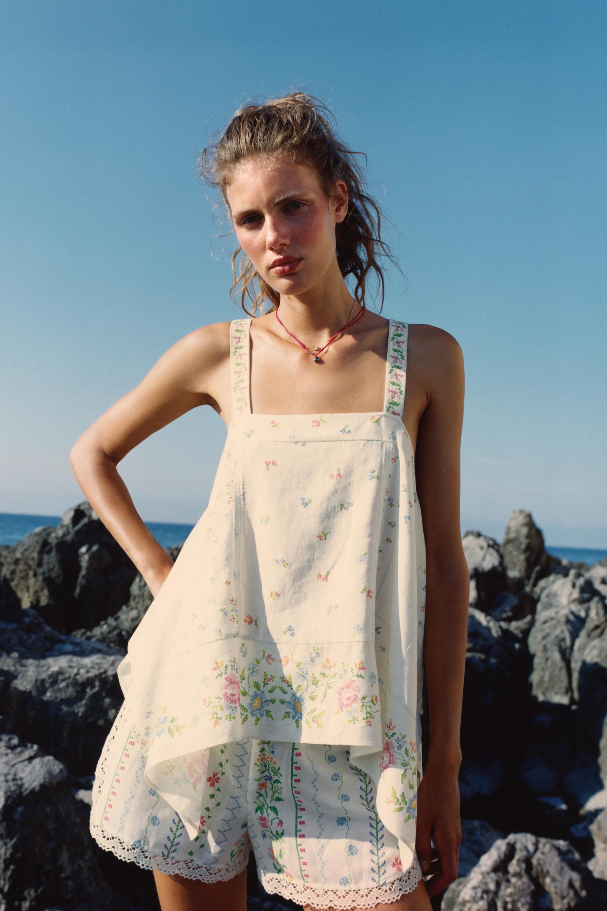 Женские рубашки Zara FLORAL PRINT ASYMMETRIC LINEN TOP — фото 2