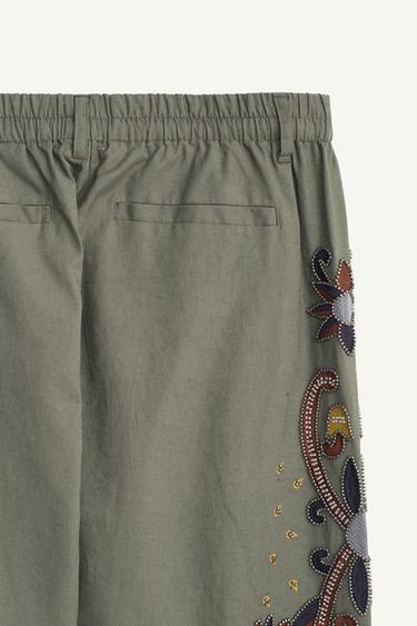 CONTRAST EMBROIDERED LINEN-COTTON TROUSERS - Green / Blue by Zara - Image 7