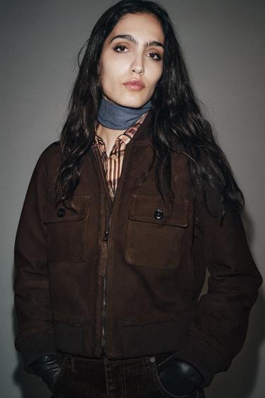 ZW COLLECTION LIMITED EDITION SUEDE LEATHER BOMBER JACKET - Chocolate by Zara