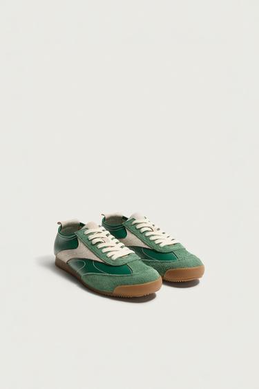 Zara RETRO-STYLE LEATHER DETAIL SNEAKERS - Green