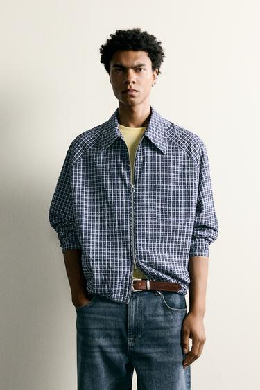 Zara 立體紋理格紋襯衫式外套 - 藍色