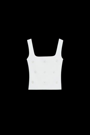 STRETCH-TOP MIT BLUMENSTICKEREI - Weiß von Zara
