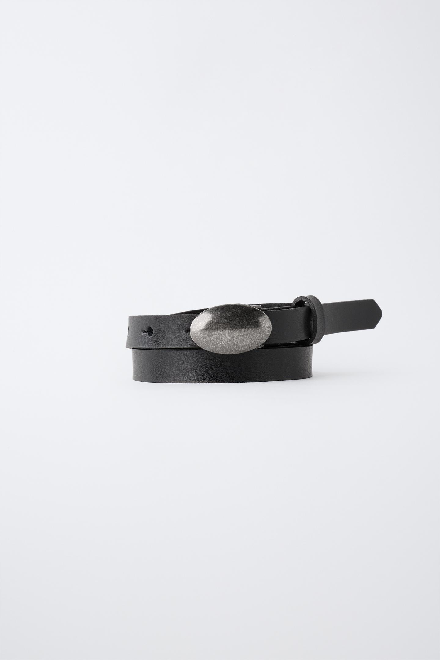Детский ремень Zara 100% Leather Oval Buckle Belt, цвет: Чёрный — фото 1