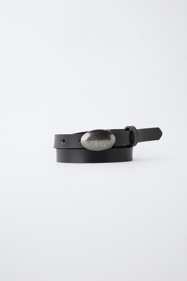 100% LEATHER OVAL BUCKLE BELT — Black 1
