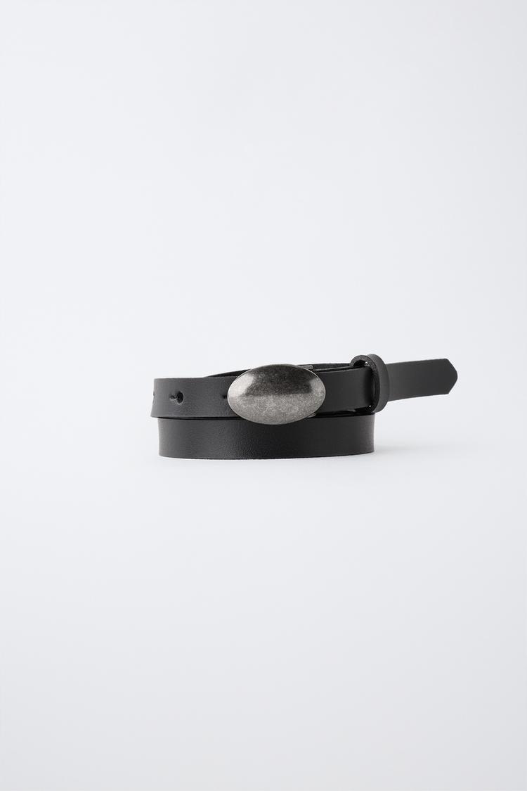 100% LEATHER OVAL BUCKLE BELT — Black