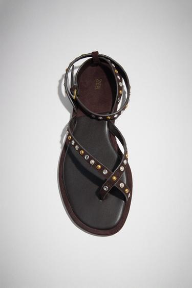 BEADED LEATHER SANDALS - Brown by Zara