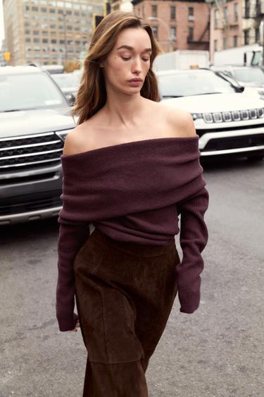 سترة محاكة بفتحة صدر مستقيمة - بورجندي الخاص بـ Zara