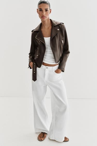 CAZADORA BIKER EFECTO PEL - Marrón de Zara