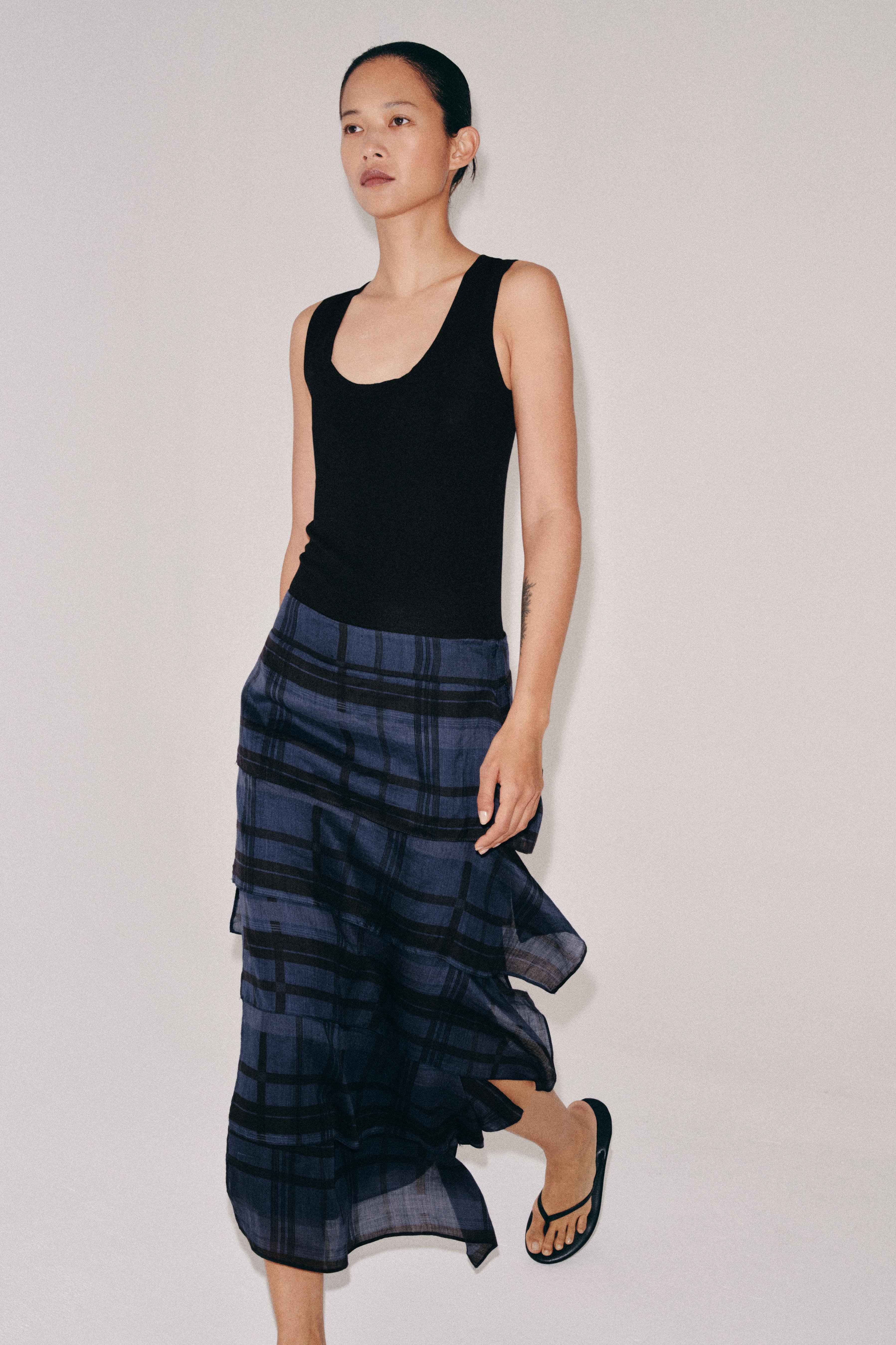 ZW 컬렉션 라미 체크 미디 스커트