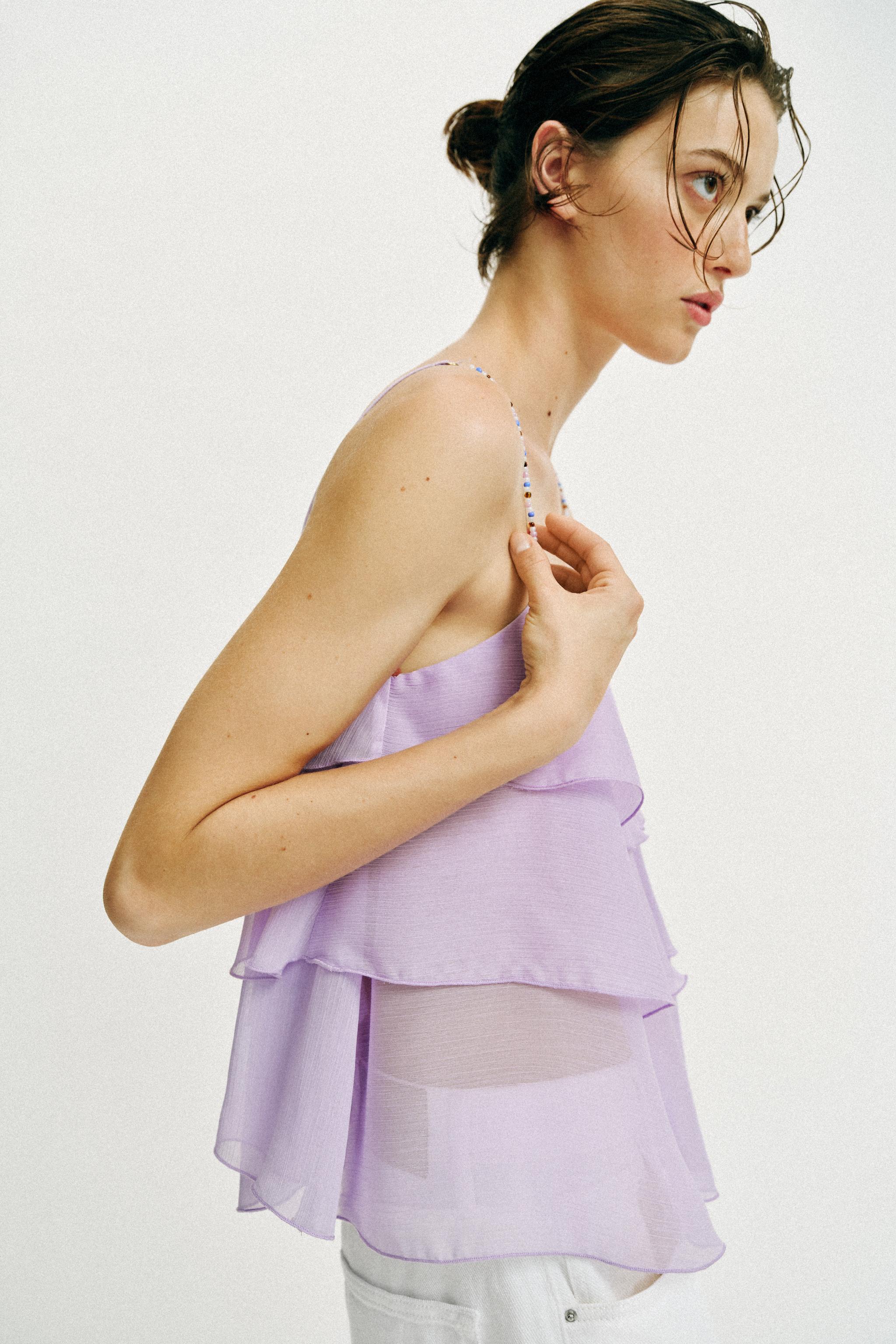 BEADED RUFFLE STRAP TOP