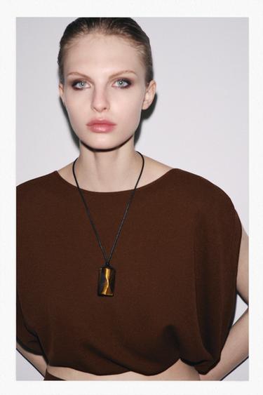 LEATHER CORD STONE NECKLACE - Brown by Zara