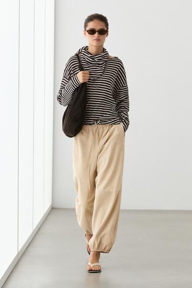 Zara Cotton blend striped T-shirt with scarf detail - Brown - Image 0