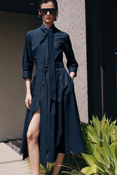 ZW COLLECTION POPLIN KJOLE MED BÅND - marine fra Zara