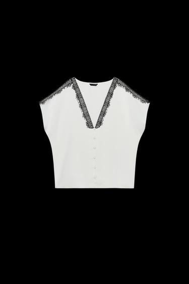 Zara CONTRAST LACE SATIN EFFECT BLOUSE - Ecru - Image 0