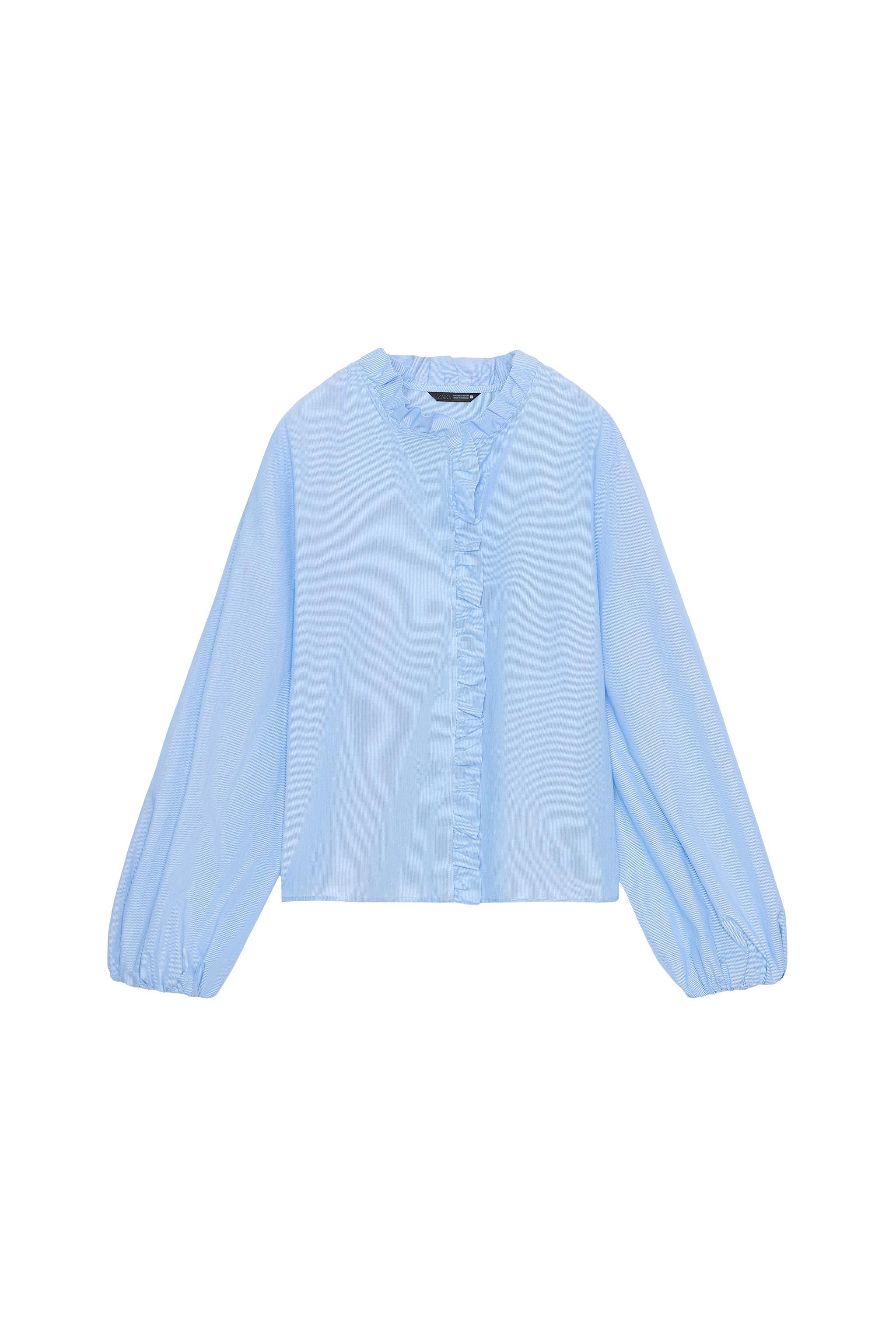 フリル付きポプリンブラウス - 青色/白色 | ZARA Japan / 日本