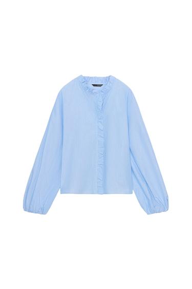 بلوزة بوبلين بفريلز - أزرق / أبيض الخاص بـ Zara