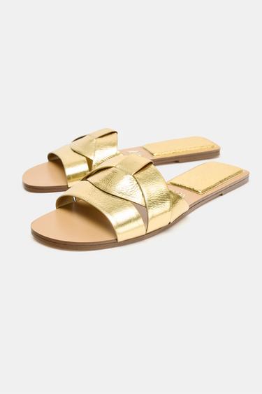 FLAT LEATHER SLIDE SANDALS - Gold by Zara - Image 2