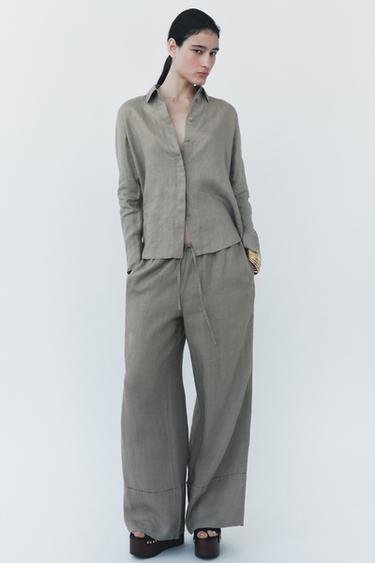 PANTALON LARGE 100 % LIN COLLECTION ZW - Gris clair de Zara