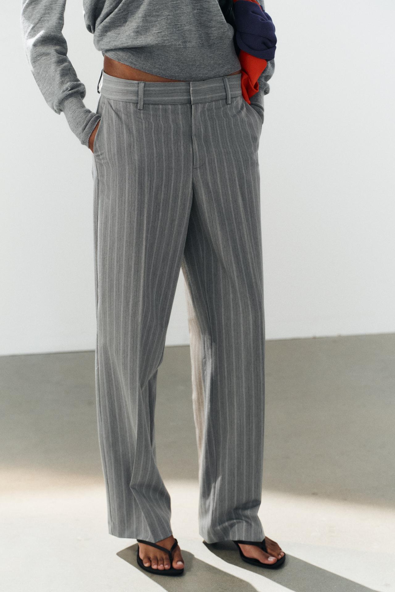 STRIPED LOW-RISE STRAIGHT-LEG PANTS — Maroon Grey